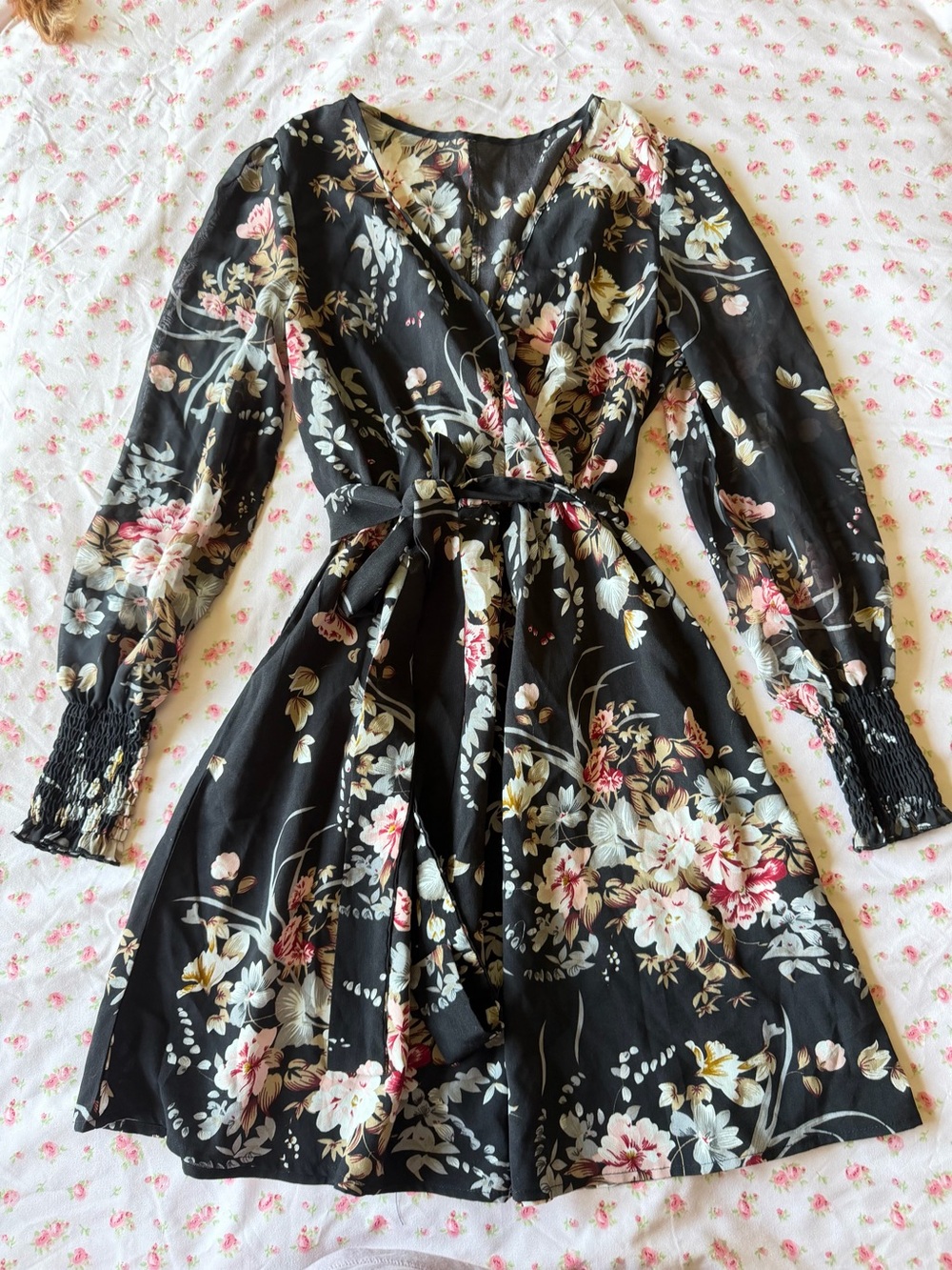 & Other Stories Black Floral Wrap Dress with Long Sleeves